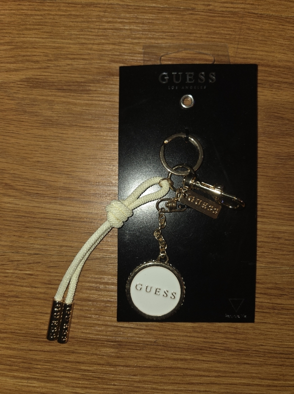 GUESS Cream and Gold Logo Charm Key & Card Holder
